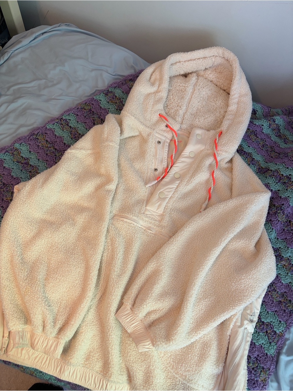 FP Movement by Free People Cream Sherpa Hooded Pullover with Coral Drawcords
